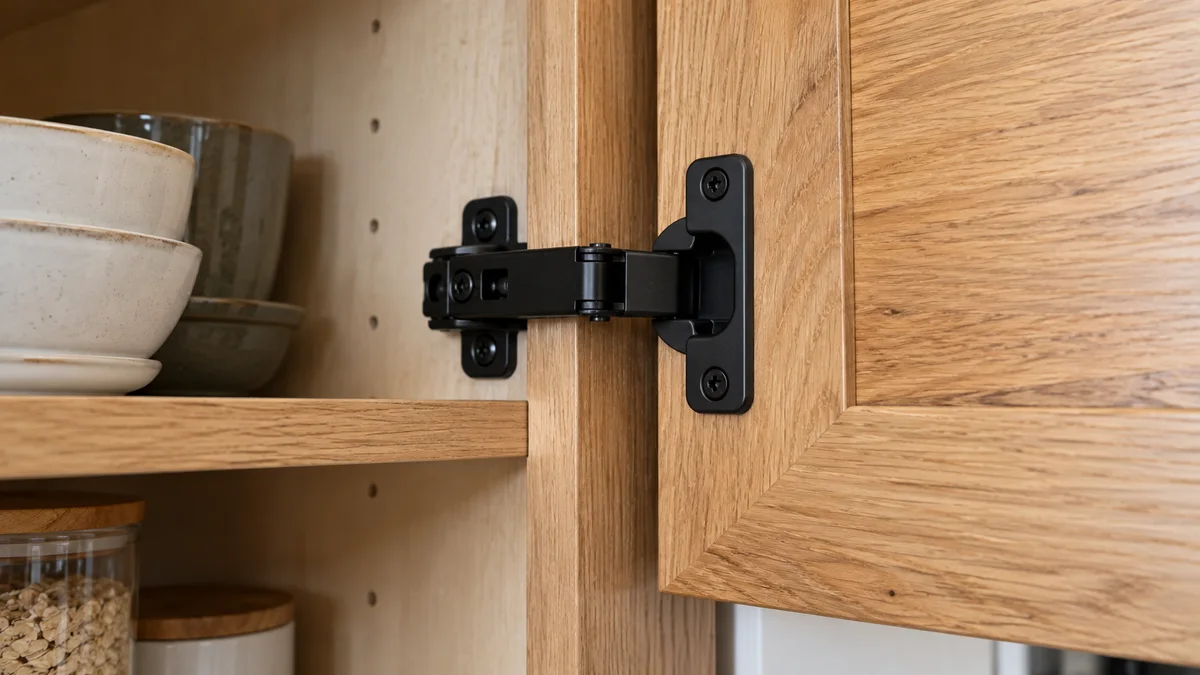 Concealed hinge on an open natural-wood kitchen cabinet