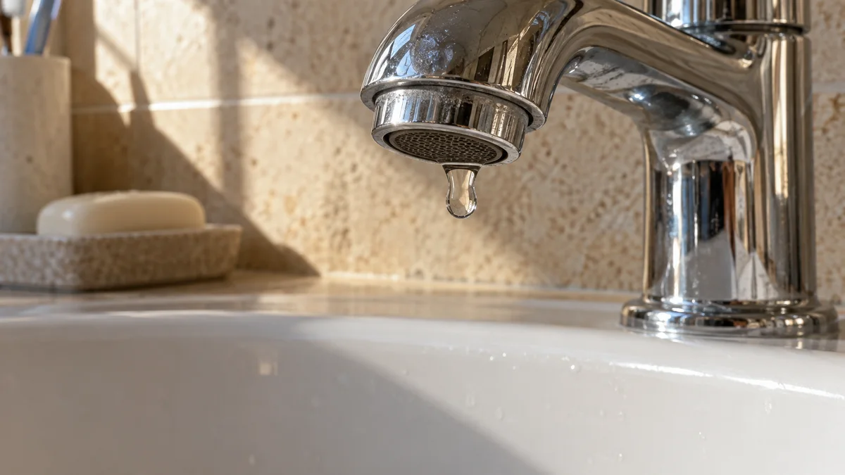 Water droplet hanging from a bathroom faucet above a white sink