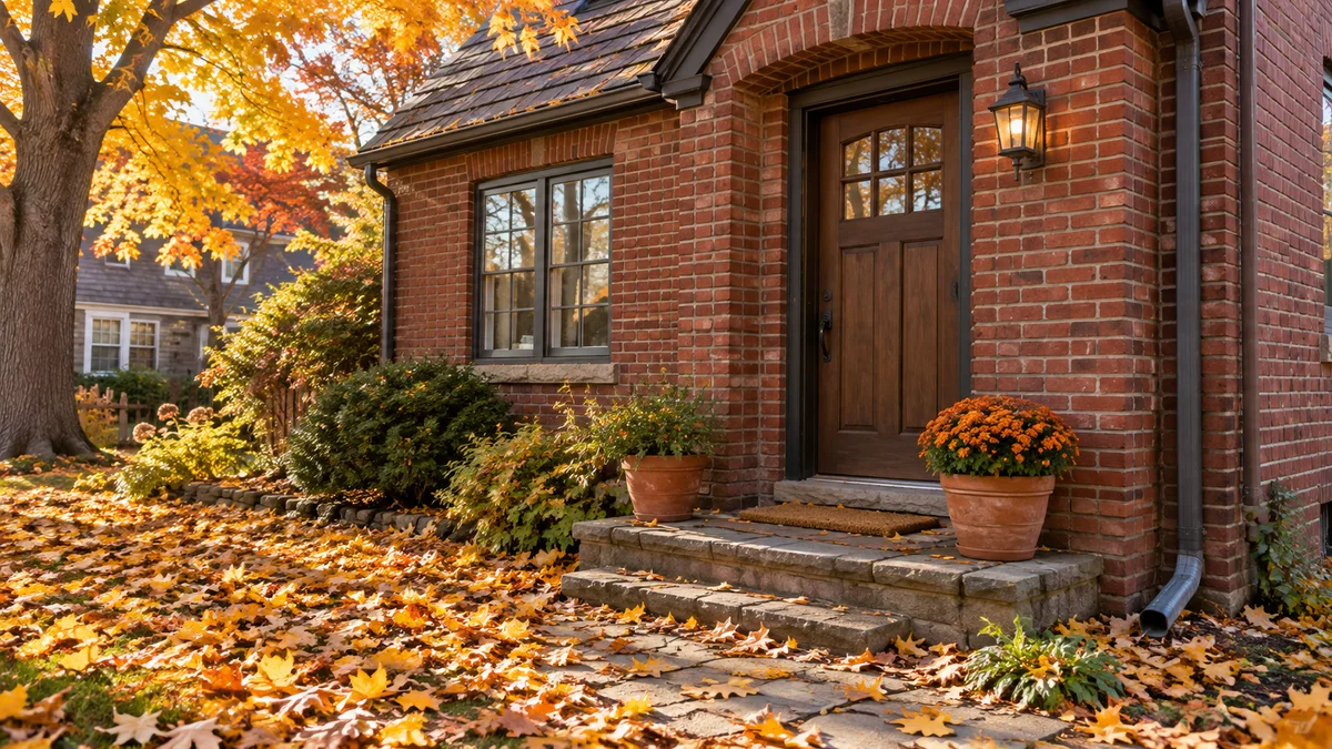 Modest brick home with autumn leaves and a downspout extension beside the foundation