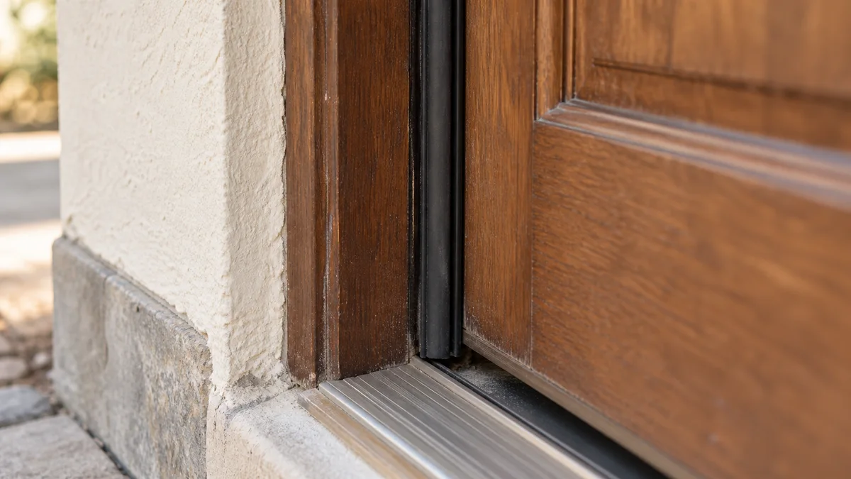 Close view of an exterior door threshold and visible weather seal