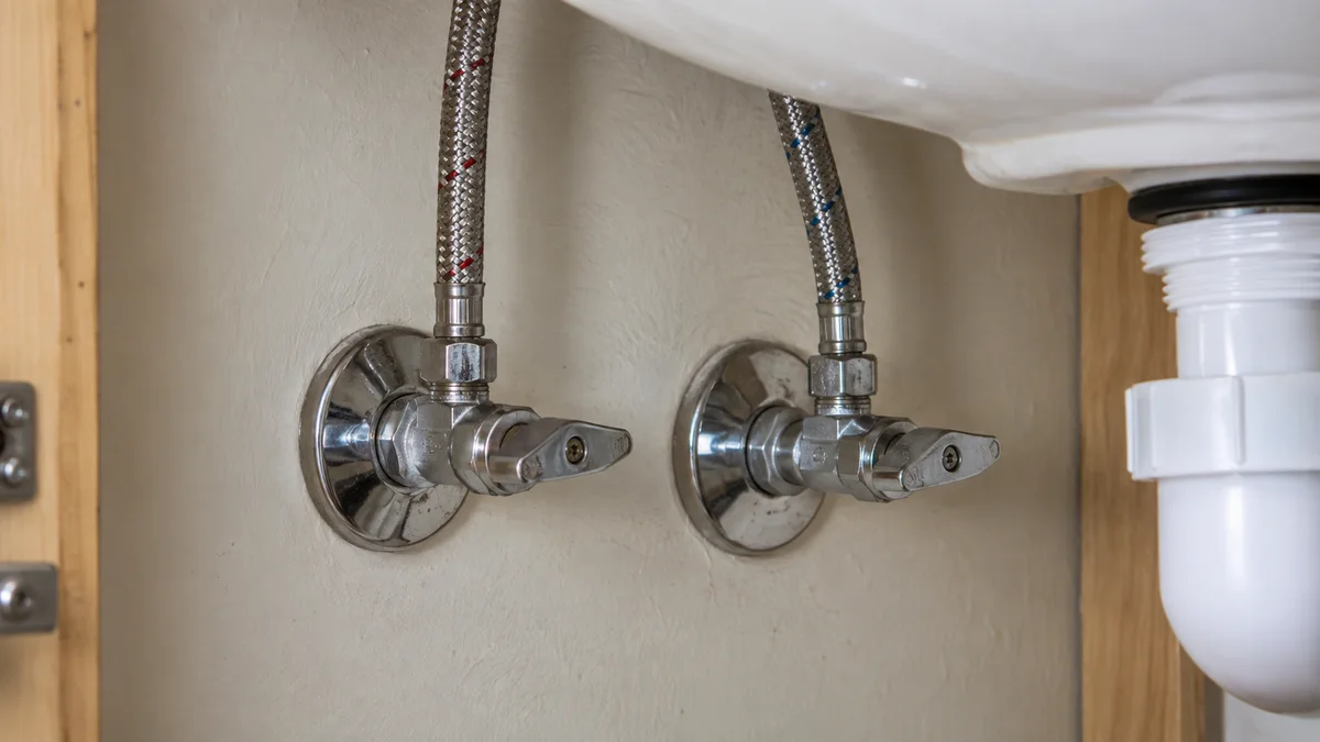 Accessible shutoff valves and supply lines beneath a bathroom basin