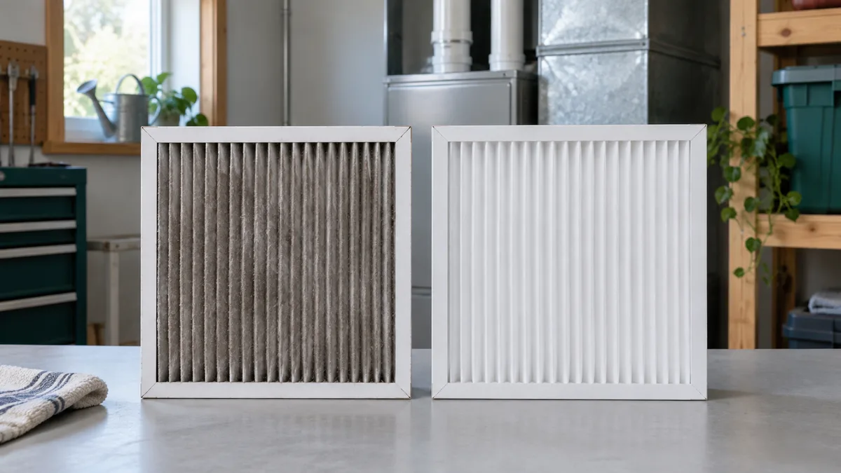 Used gray filter and clean white filter shown side by side on a utility surface