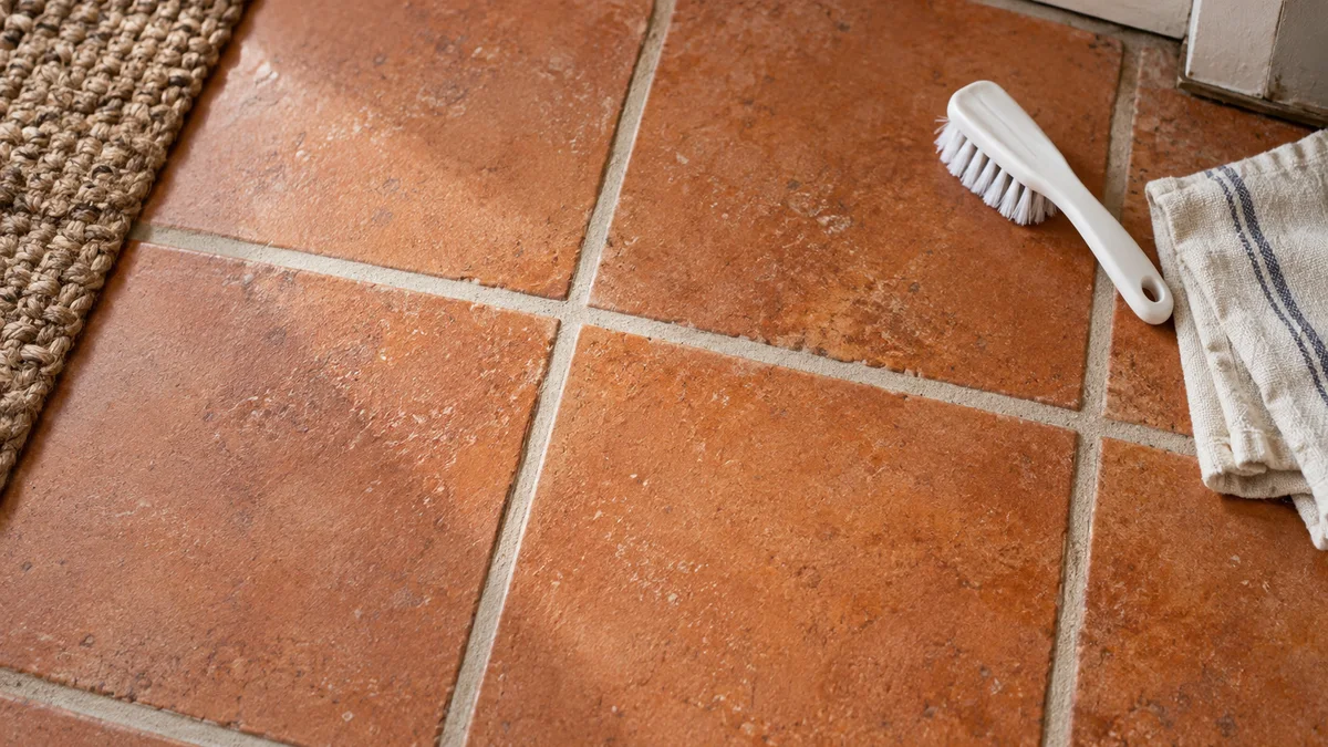 Soft nylon brush and cream cloth on terracotta tiles with pale grout