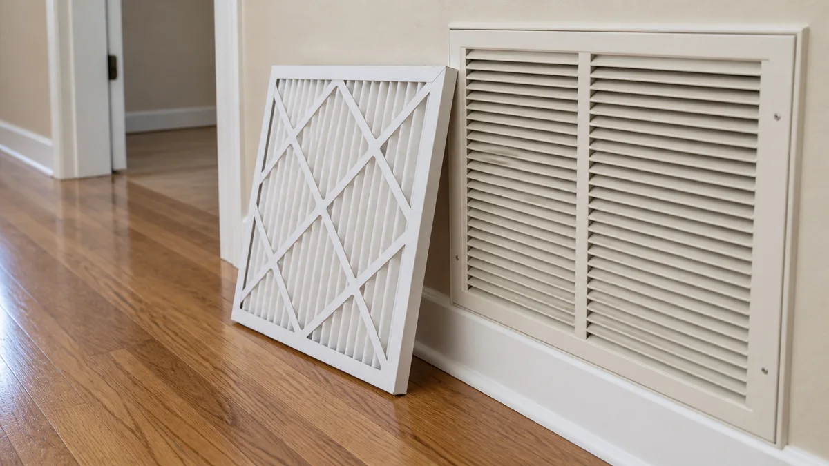 White pleated HVAC filter beside a hallway return grille