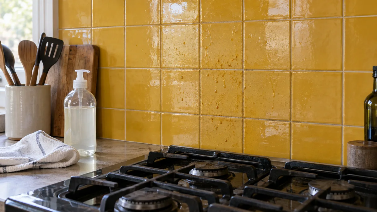 Cool black cooktop and mustard-yellow tiled backsplash beside a cleaning cloth