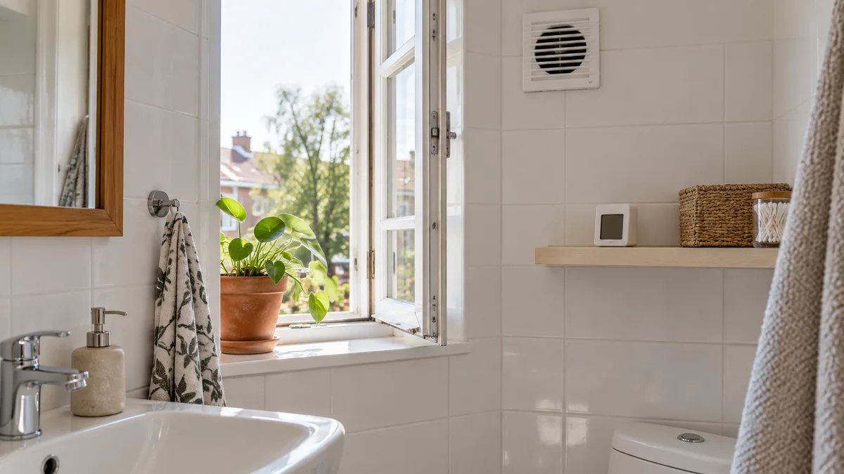 Bathroom with window, ventilation grille and a small humidity monitor on a shelf