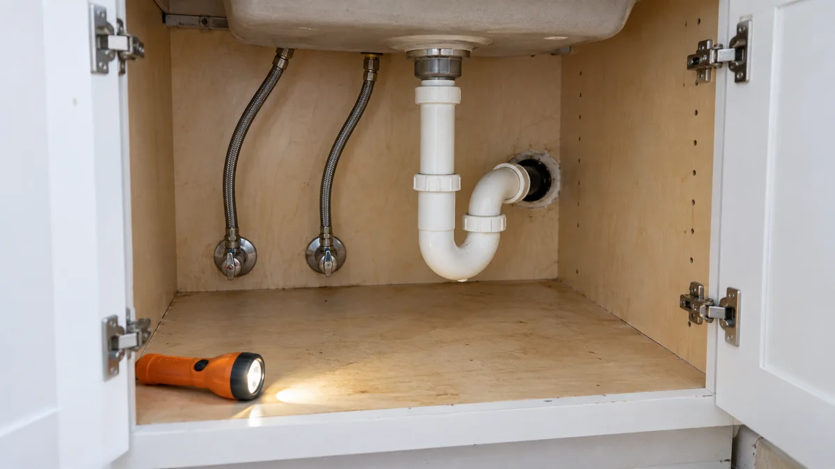 Open kitchen sink cabinet with accessible drain pipes and a flashlight on its dry base