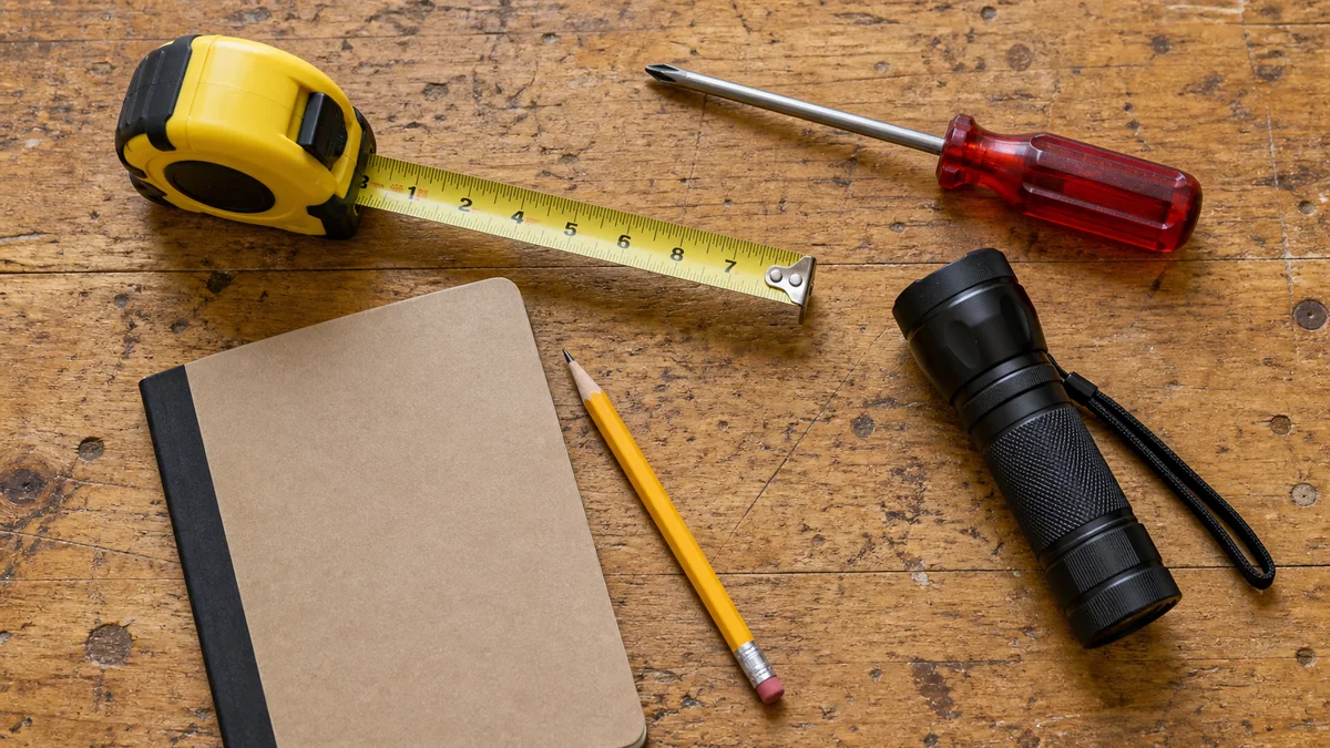 Flashlight, folded cloth and tape measure stored on a home maintenance shelf