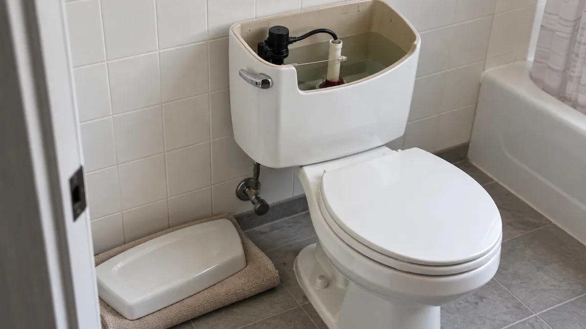 Open conventional toilet tank with fill valve, overflow tube and flush seal visible