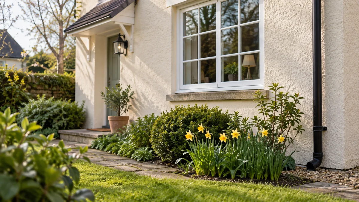 Cream house beside fresh green spring planting and yellow flowers