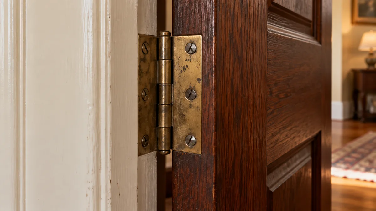 Brass butt hinge on a partly open white interior door