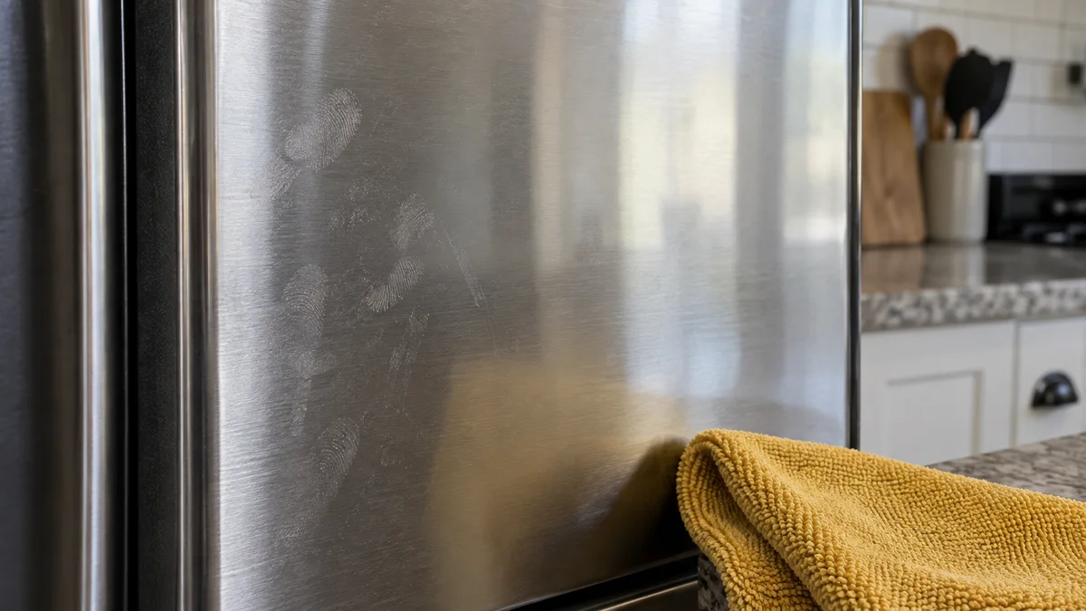 Brushed stainless steel surface with fingerprints and a mustard-yellow microfiber cloth