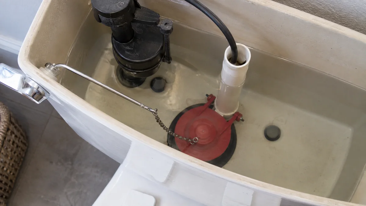 Close view of a toilet tank chain connected to a seated flapper beside the overflow tube