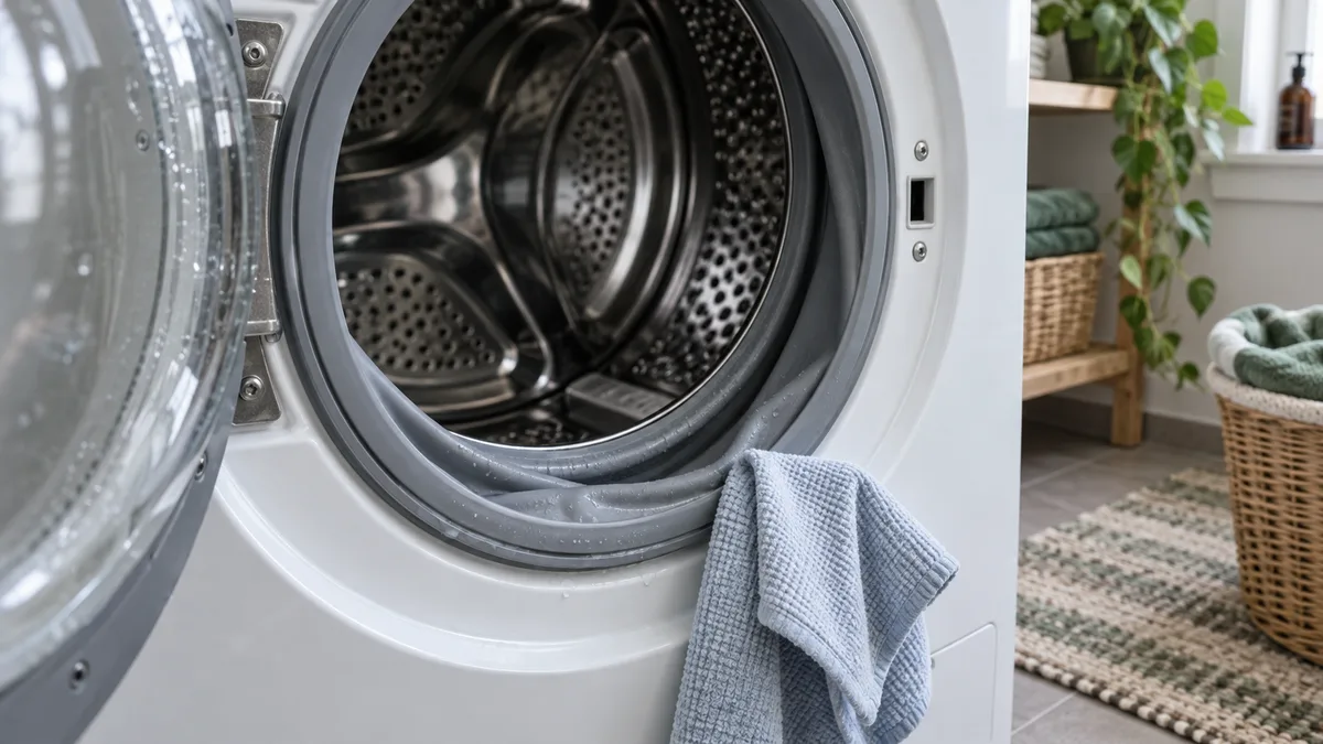 Close view of an accessible washing machine door gasket and drum opening
