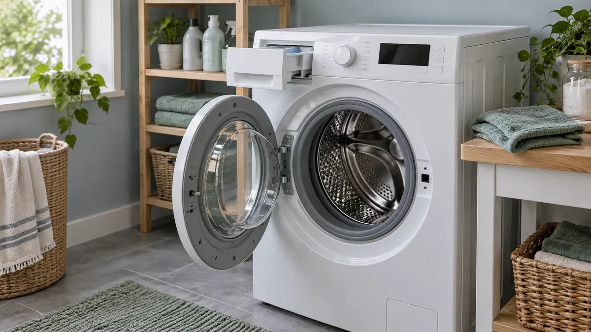 Front-loading washing machine with door and dispenser drawer open
