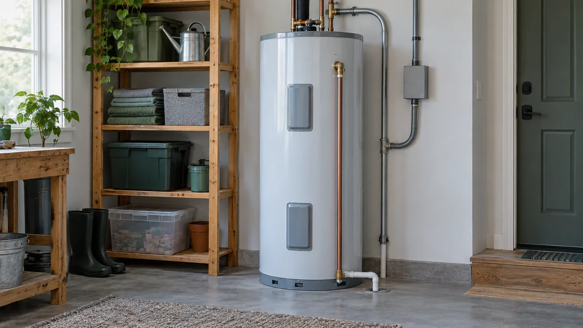 Intact storage water heater in a home utility space with service covers closed