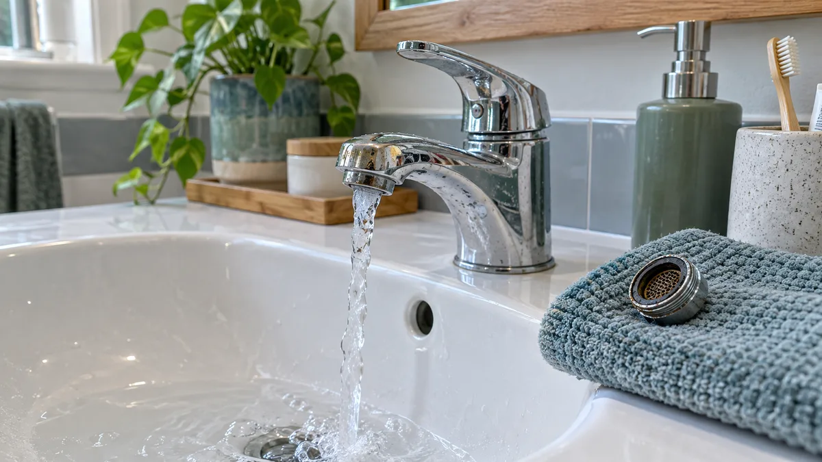 Bathroom faucet stream and a removed aerator resting on a cloth
