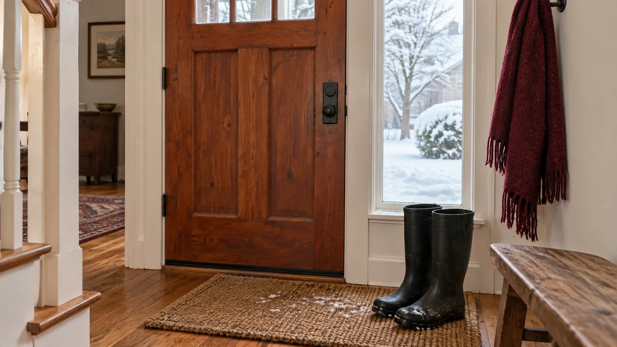 Home entry with a closed exterior door, boots on a mat and snow beyond the window