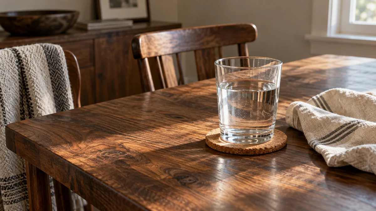 Glass on a coaster and a soft cloth on a wooden table